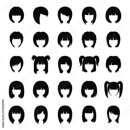 Vector art of set of 25 black silhouette icons representing various female hairstyles