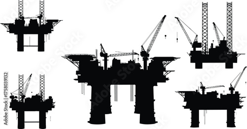Offshore oil rig silhouettes, drilling platforms, industrial infrastructure, petroleum extraction,