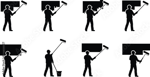  Painters silhouettes painting wall with rollers, set of eight figures showing stages, long-handled rollers, paint bucket, progressive coverage demonstration, vector icon set