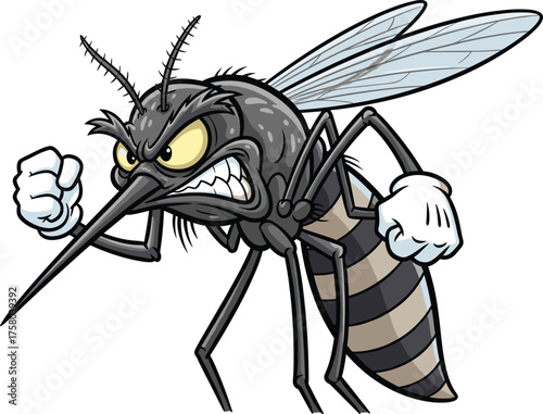 Angry mosquito cartoon vector, aggressive insect illustration, clenched fists character, pest control concept, black and gray bug design, humorous animal artwork