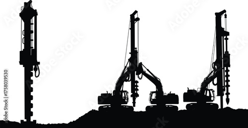  Pile driving machine silhouettes, construction equipment vector, drilling rig illustration, foundation work tools, heavy machinery on dirt mound, black industrial icons