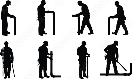  Plumber silhouette set, pipefitting worker poses, industrial plumbing actions, hard hat technician, pipe installation, maintenance safety, vector line art for manuals