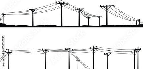 Power line silhouettes, utility poles, electrical infrastructure, energy distribution, rural and urban grid, vector illustration, editable EPS, black icons, engineering design, tension wires