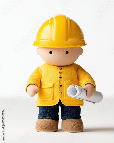 3D Cartoon Occupation Illustration A decorative figurine of a construction worker with blueprints.