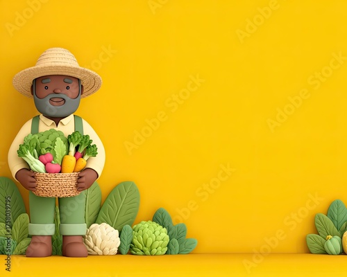 3D Cartoon Occupation Illustration A farmer holding a basket of fresh vegetables in a vibrant yellow setting.