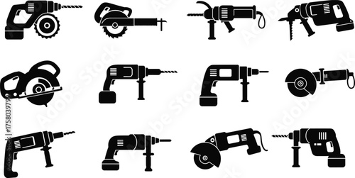  Power tool silhouette set, drill and saw icons, black vector illustration, construction equipment graphics, DIY tool collection, electric hand tool symbols