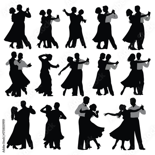 Vector art of silhouettes of couples dancing ballroom, tango, and other partner dances, capturing movement and elegance