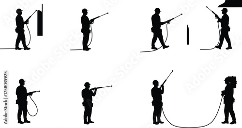  pressure, washer, spray, gun, cleaning, silhouette, operator, safety, gear, sanitation, equipment, industrial, maintenance, vector, outdoor
