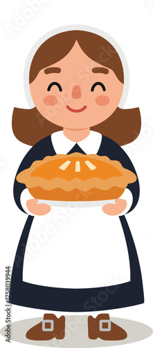 cute cartoon pilgrim woman with a pose carrying a pay cake