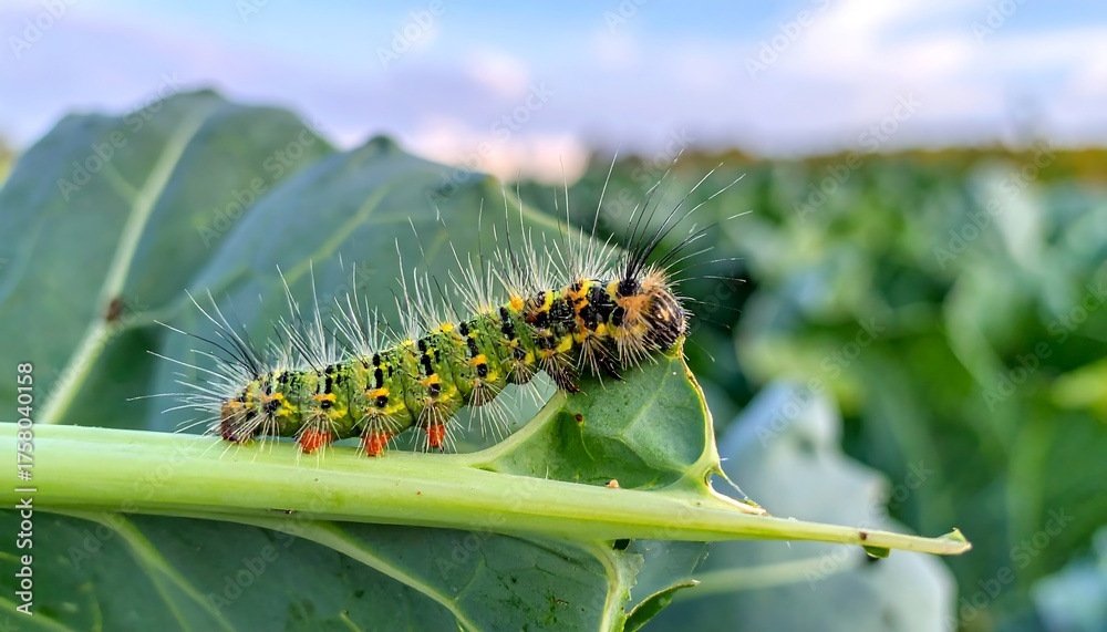 Fototapeta premium Colorful caterpillar munching on a green leaf with a blurred field in the background