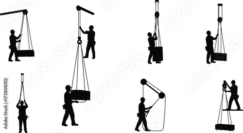  Pulley system silhouettes, manual labor workers lifting heavy objects, industrial equipment, mechanical advantage, construction tools, physics concept, vector illustration for education