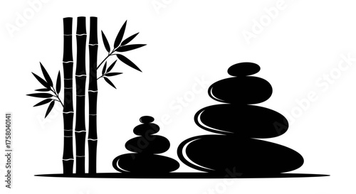 Silhouette of stacked stones and bamboo shoots against a white background