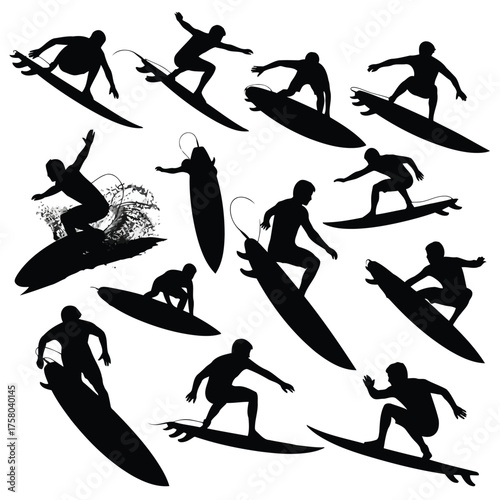 Vector art of silhouettes of surfers riding waves and standing on surfboards, capturing the dynamic action and energy of surfing, isolated on a