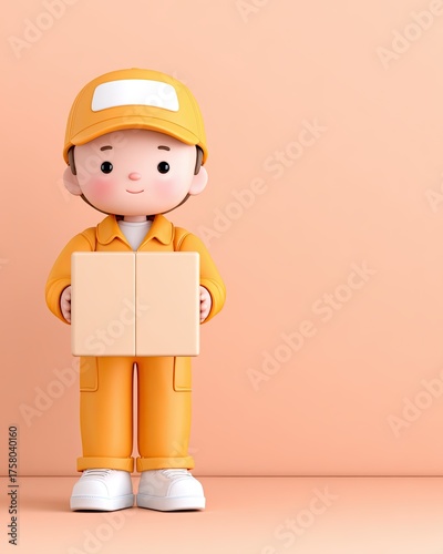 3D Cartoon Occupation Illustration Cute cartoon delivery worker holding a box in an orange outfit against a pastel background.