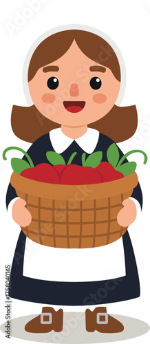 cute cartoon pilgrim woman in standing pose carrying basket full of harvest fruit