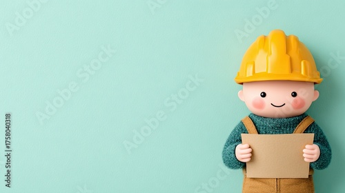 3D Cartoon Occupation Illustration Happy child wearing a construction helmet, holding a blank sign on a pastel background.