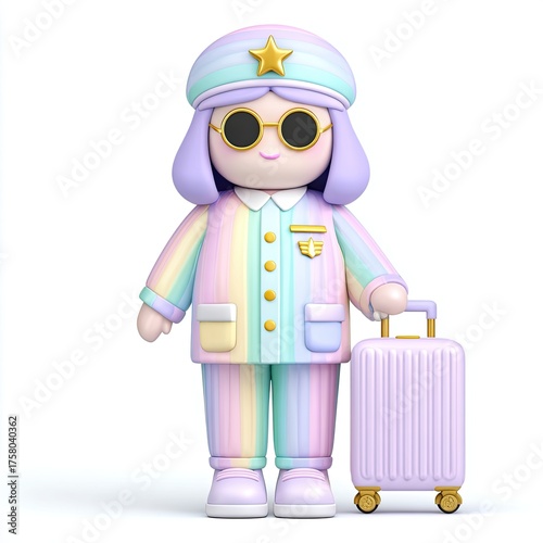 3D Cartoon Occupation Illustration Whimsical character ready for adventure with stylish luggage and trendy outfit.