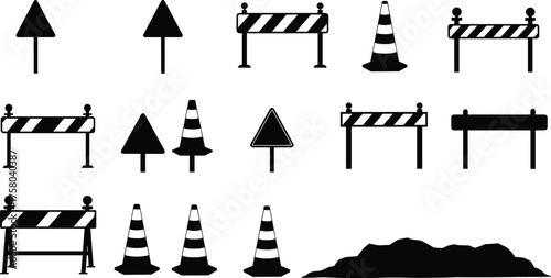 Road construction icons, traffic control symbols, safety signage elements, barricades and cones, warning signs, black vector illustration, infrastructure tools, urban development graphics
