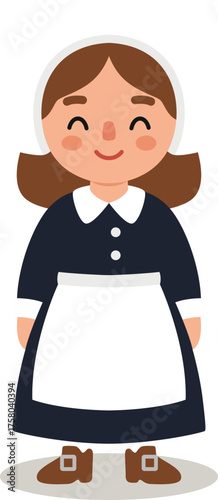 cute cartoon pilgrim woman in standing and smiling pose