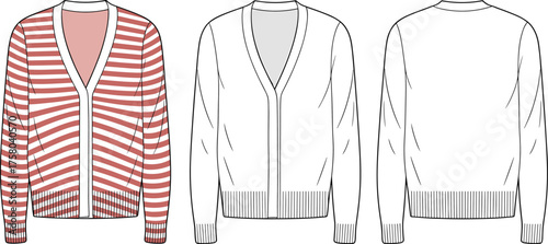 Striped v neck cardigan sweater technical flat fashion sketch with ribbed cuffs and hem design, cad drawing flat vector illustration