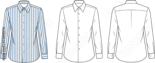 Striped long sleeve shirt CAD drawing flat vector illustration, technical fashion sketch showing front and back clothing design template
