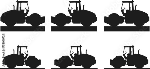  Road roller silhouettes, construction machinery vector, steamroller side view, heavy equipment illustration, soil compaction vehicles, stock content for Adobe Stock