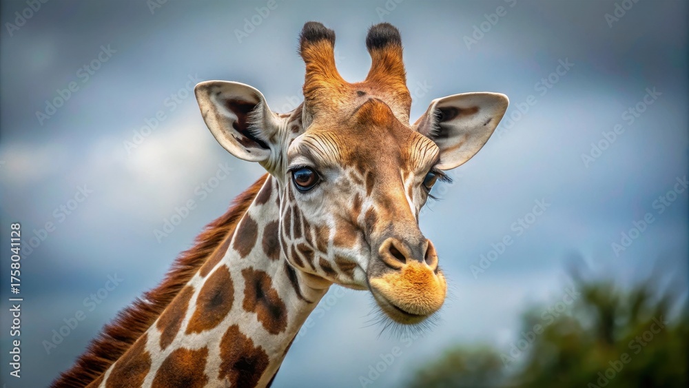 Naklejka premium A Gentle Giant's Gaze A Close-Up Portrait of a Giraffe's Serene Expression Against a Softly Blurred Background