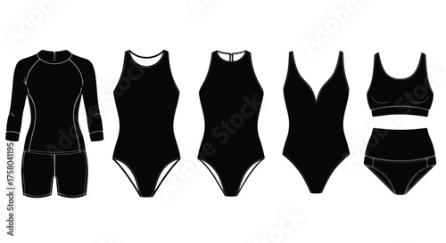 Vector art of collection of black silhouette swimwear and activewear for women, including a rash guard set, onepiece swimsuits, and a bikini set