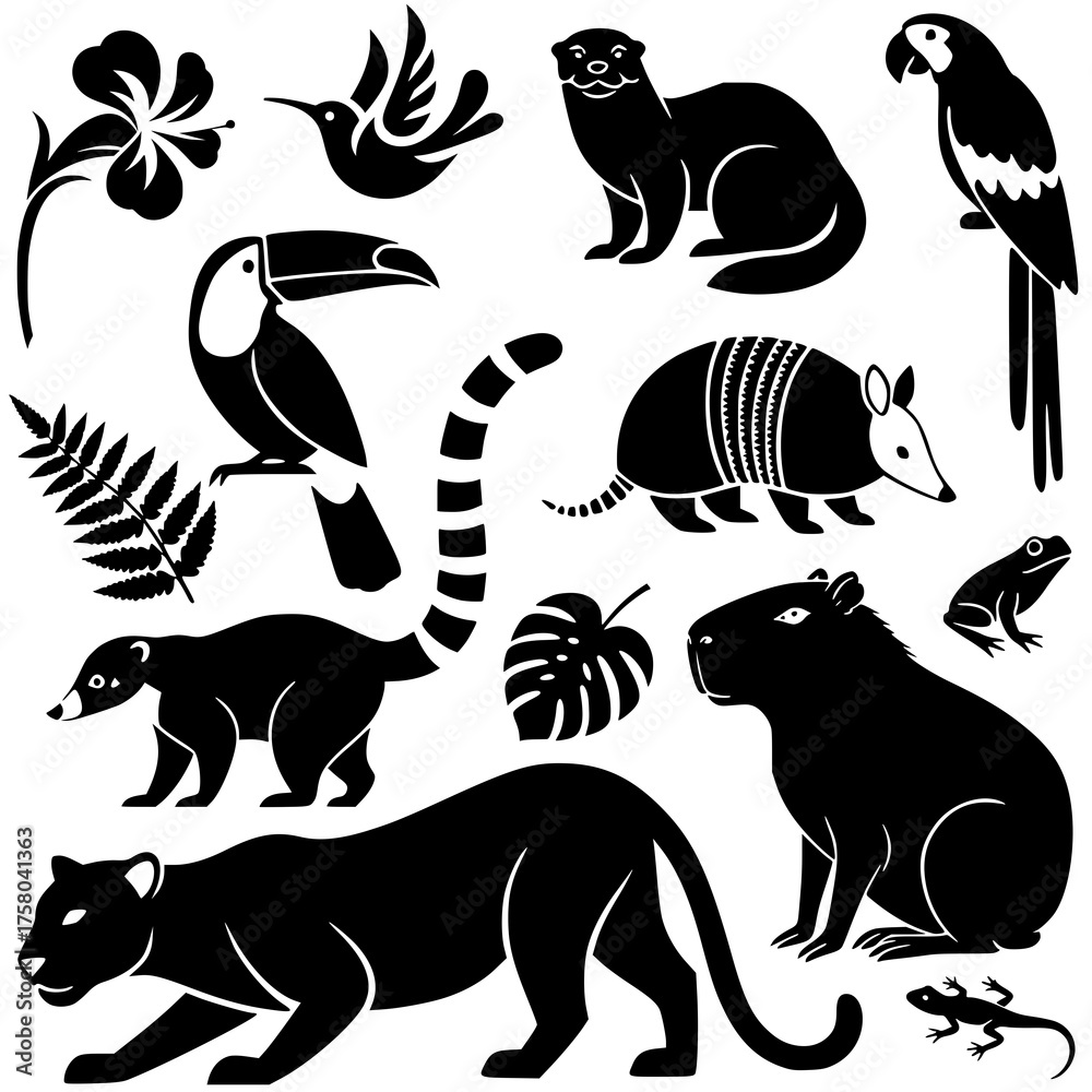 Fototapeta premium Amazon Jungle Silhouettes, Minimalist South American Wildlife, Tropical Silhouettes