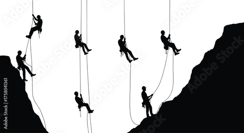  Rock climbing silhouettes vector, rappelling and rope descent icons, outdoor adventure gear, black isolated climbers, mountain sport illustration, editable stock content