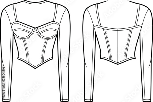 Stylish corset top fashion technical drawing with long sleeves, structured seams, elegant bodice, cad drawing flat vector illustration design