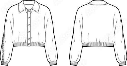 Stylish cropped button up shirt fashion flat sketch, long sleeve blouse with collar and cuff detail, trendy casual top design, cad drawing flat vector illustration