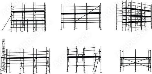  Scaffolding structure silhouette, construction platform icon, industrial support frame vector, building maintenance equipment, safety railing illustration, black and white scaffold graphic