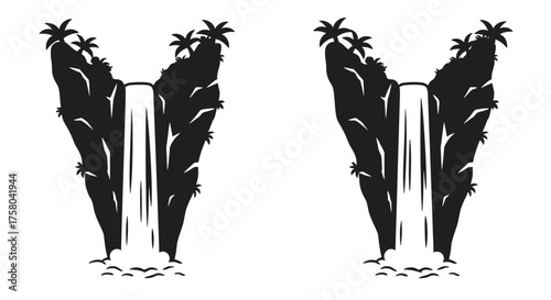 Silhouette of tropical palm trees and a cascading waterfall design