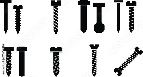  Screw and bolt silhouette, fastener icon set, hardware component vector, black illustration, construction tool, mechanical part, DIY equipment concept design