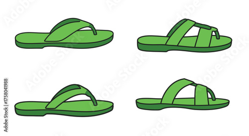 A colorful cartoon depiction of various green summer sandals and flip flops