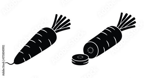 Black and white illustration depicting two carrots and a sliced piece