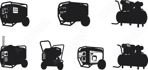 Set of Six Portable Generators and Air Compressors, Silhouette Vector Icons, Portable Power Equipment, Construction and Emergency Backup, Maintenance, Transport
