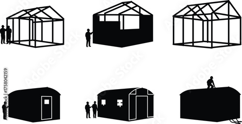 Shed construction process silhouettes, building stages, framing to roofing, small structure development, vector illustration, editable EPS, black icons, construction workers, architectural sequence