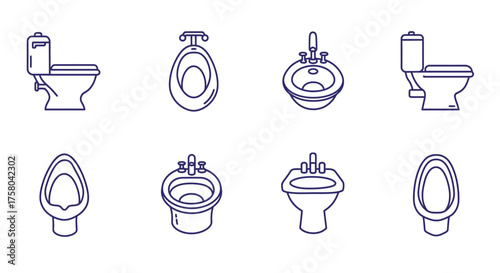 Variety of toilet designs displayed in a simple line art style