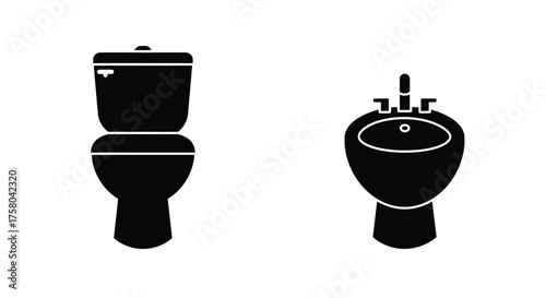 Simple black outline illustration of a toilet and bathroom sink design