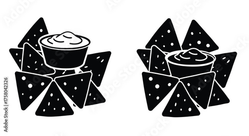 Black and white illustration depicting tortilla chips and creamy dips
