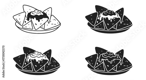 Black and white illustration of nachos with melted cheese and toppings
