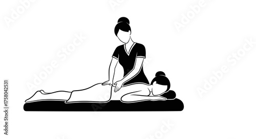 Stylized illustration of one person giving another a back massage on a table