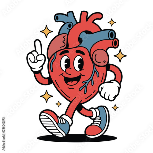 Cartoon heart character with shoes walking and pointing up human heart anatomy