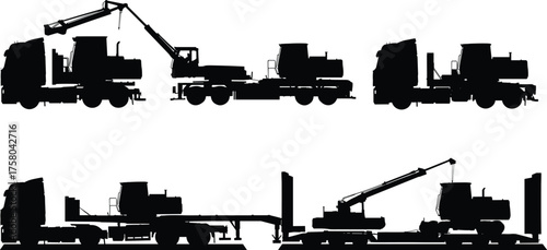  Silhouettes of Truck and Trailer Loading Excavator Using Crane and Ramps, Heavy Equipment Transport Methods, Construction Logistics and Equipment Handling Process