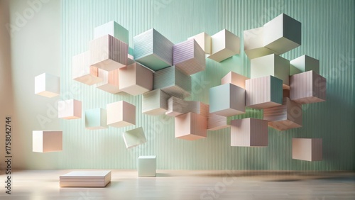 Pastel Cubes Floating in a Minimalist Room with a Display Platform