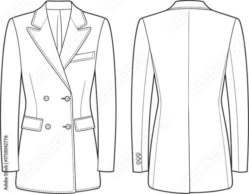Women’s double breasted blazer front and back view cad drawing flat vector illustration, fashion design template, formal jacket sketch