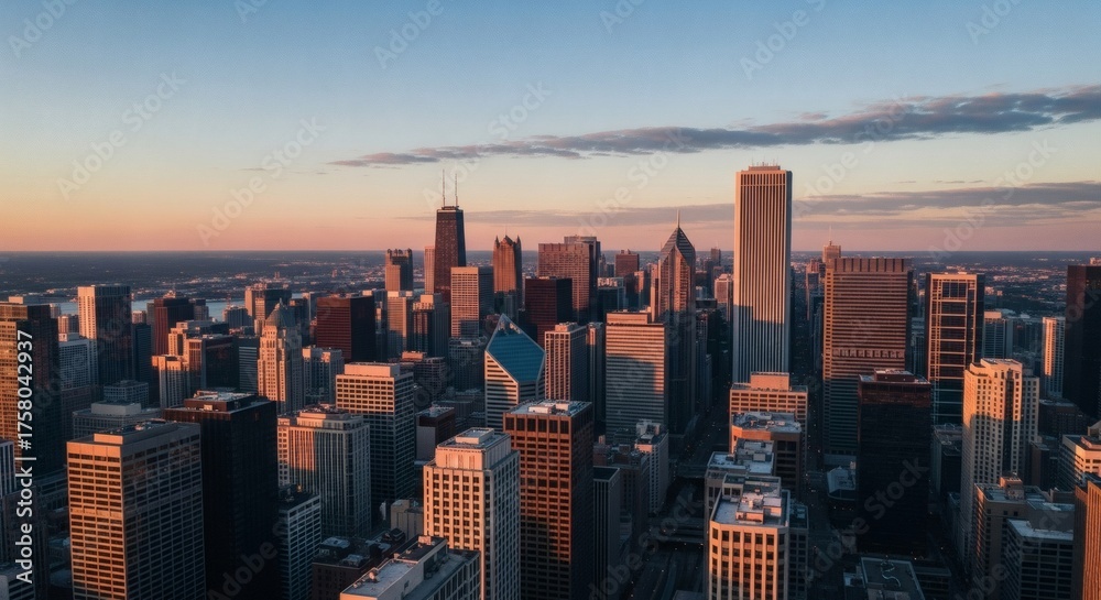 Fototapeta premium Aerial view of a sprawling metropolitan skyline with towering skyscrapers illuminated by the warm glow of a beautiful sunset