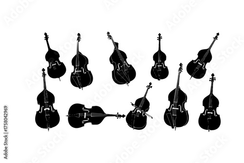 Collection of eight black and white silhouette images of stringed double bass musical instruments in various poses